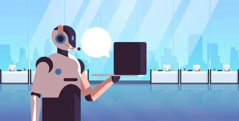 Robotic operator consultant using laptop chat bubble client support call cent Illustrazione stock