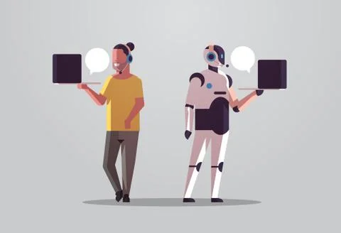 Robotic operator with man consultant using laptop chat bubble client support  Stock Illustration