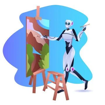 Robotic painter using paintbrush robot artist standing in front of easel and 스톡 일러스트