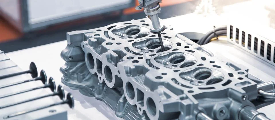 Robotic perform assembly engine part Stock Photos