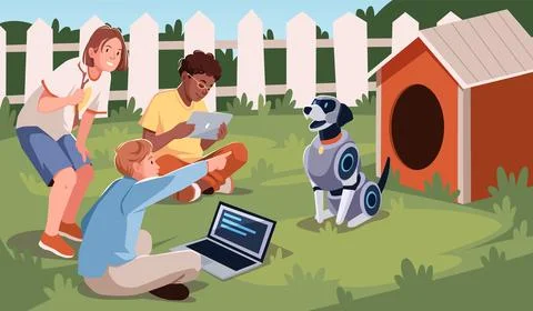 Robotic pets. Children group programming mechanical dog, friendly ai assistant Stockillustratie