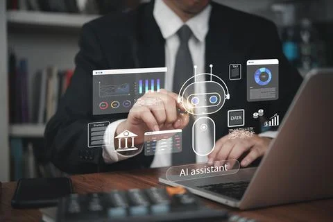 Robotic process automation AI assistant hologram, automated business proces.. Stock Photos
