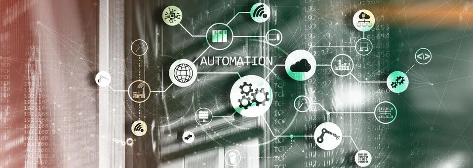 Robotic Process Automation on Blurred Big Data Center. Panoramic Horizontal Stock Illustration