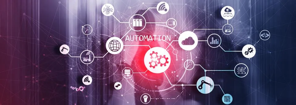 Robotic Process Automation on Blurred Big Data Center. Panoramic Horizontal Illustrazione stock