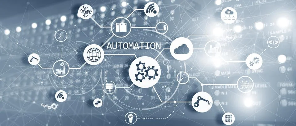 Robotic Process Automation on Blurred Big Data Center. Panoramic Horizontal Illustrazione stock