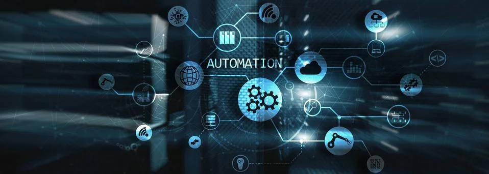Robotic Process Automation on Blurred Big Data Center. Panoramic Horizontal Illustrazione stock