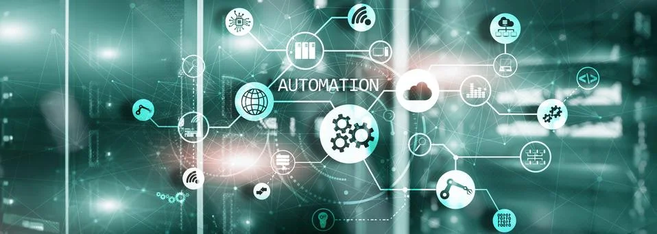 Robotic Process Automation on Green Blurred Big Data Center. Panoramic Stock Illustration