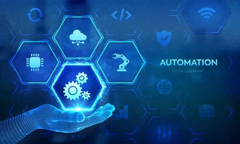 Robotic Process Automation software icon in wireframe hand. RPA. IOT and Auto Stock Illustration