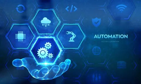 Robotic Process Automation software icon in wireframe hand. RPA. Smart indust Stock Illustration