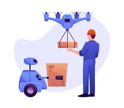 Robotic quadcopter delivers post package to warehouse worker, vector automatic 스톡 일러스트