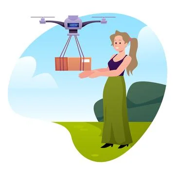 Robotic quadcopter delivers post package to the woman on nature landscape Illustrazione stock