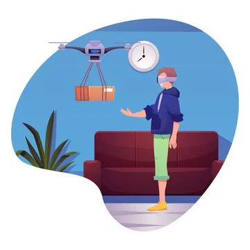 Robotic quadcopter delivers post package to man in virtual reality glasses Illustrazione stock