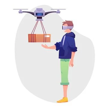 Robotic quadcopter delivers post package to the man in virtual reality glasses Stock Illustration
