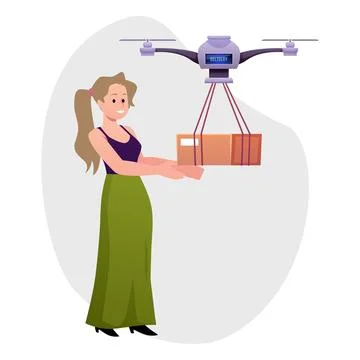 Robotic quadcopter delivers post package to the woman, vector robot drone Stock Illustration