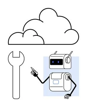 Robotic Repair Assistant Concept with Cloud Storage and Maintenance Tools f.. 库存插图