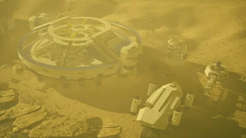 Robotic rover rests beside dustcovered circular structure on Mars Stock Footage 341589201