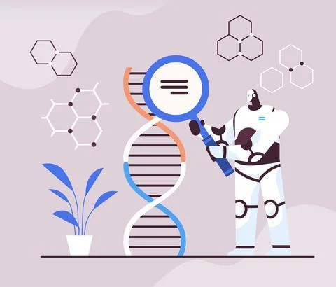 Robotic scientist working with DNA robot researcher making experiment in lab DNA Illustrazione stock