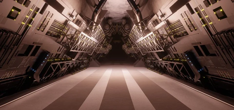Robotic SciFi Quantum Physics Laboratory Cosmic Maroon Brown Colors Industria 库存插图
