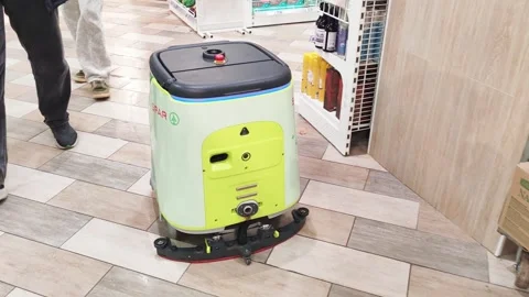 Robotic Scrubber Navigating Supermarket Floor Near Shoppers Stock Footage 333961785