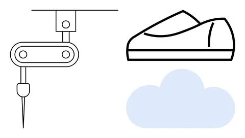 Robotic sewing machine stitching shoe, cloud below shoe symbolizing comfort a Stock Illustration