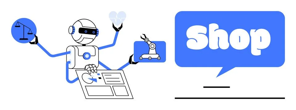 Robotic Shopping Assistant with Multiple Functions and Capabilities in Tech.. Stock Illustration