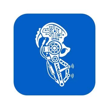 Robotic skeleton arm with circuit board and gears on blue. Illustrazione stock