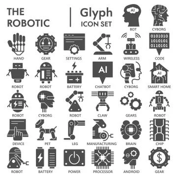 Robotic solid icon set, automatic technology symbols collection or sketches Stock Illustration