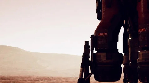 Robotic structure set against the landscape of Mars during sunset Stock Footage 344374157