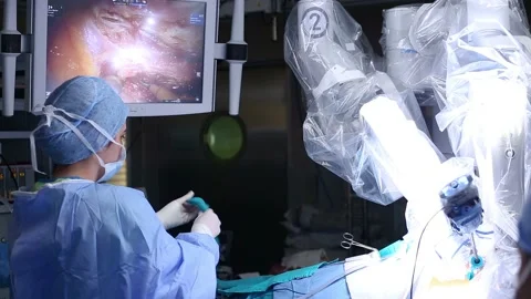In the robotic surgery operating room. Robotic surgery. Stock Footage 236416180