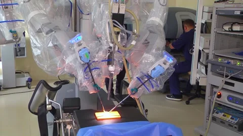 In the robotic surgery operating room. Robotic surgery. Stock Footage 307491347