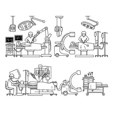 Robotic surgery operating room scene with surgeon, patient on table, medica.. Stock Illustration