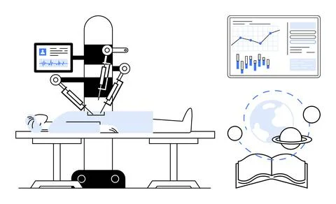 Robotic Surgery Procedure Monitored Via Interactive Data Screen in Medical .. Stock Illustration