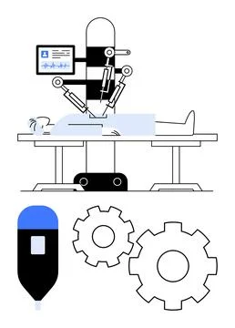 Robotic Surgery Scene with Patient on Operating Table and Medical Equipment.. Ilustración de archivo