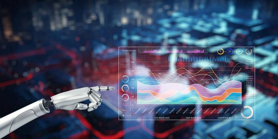 Robotic System Assisting in Data Calculation and Chart Analysis Stock Photos