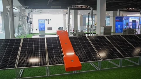 Robotic system cleaning solar panels automatically for maintenance, promoting Stock Footage 328988432