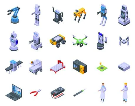 Robotic systems engineer icons set isometric vector. Software coding Stock Illustration