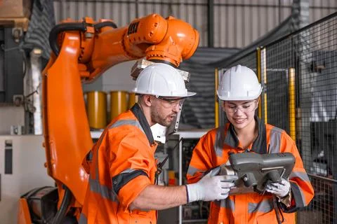 Robotic technician engineer male training helping young women team control .. Stock Photos