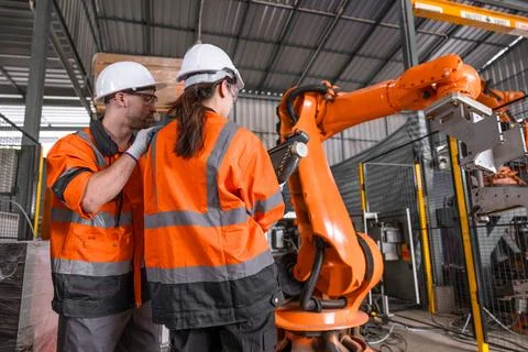 Robotic technician engineer male training helping young women team control .. Stock Photos