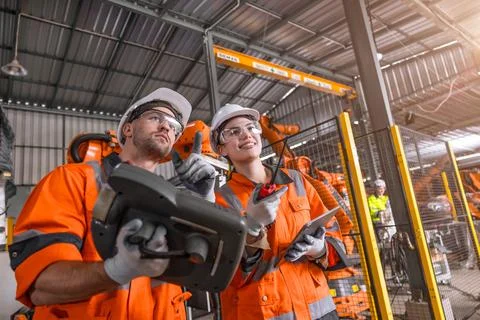 Robotic technician engineer male training helping young women team control .. Stock Photos