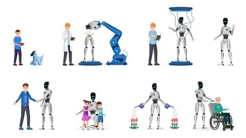 Robotic technology flat vector illustrations set. Cyborgs, adults and children Stock Illustration