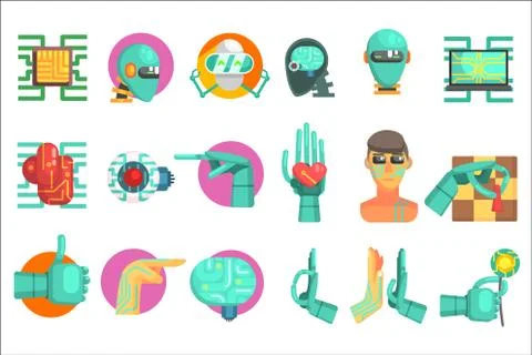 Robotic Technology Set Of Flat Colorful Simplified Graphic Style Icons Isolated Illustrazione stock