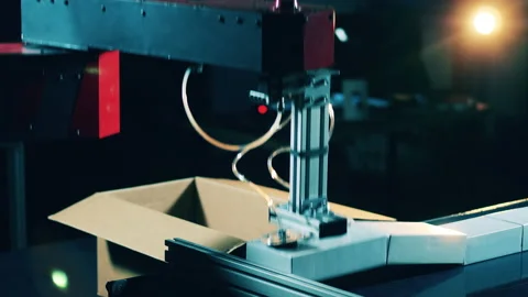 Robotic tool is lifting and relocating identical parcels Video stock 143059289