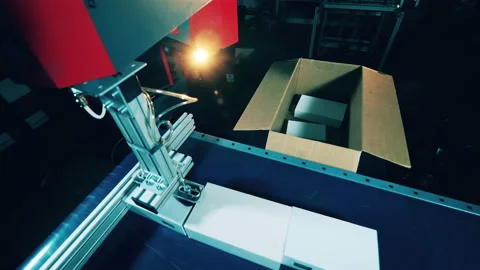 Robotic tool is packing parcels into a carton box Video stock 143076506
