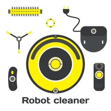 Robotic vacuum cleaner flat design. Vector set robot cleaner elements Stock Illustration