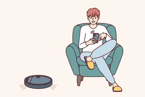 Robotic vacuum cleaner guided using mobile phone cleans floor in apartment near Illustrazione stock
