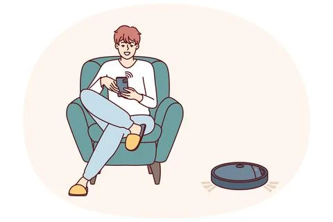 Robotic vacuum cleaner guided using mobile phone cleans floor in apartment near Stock Illustration