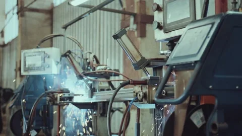 Robotic welding machine arm assembling metal parts Stock Footage 318189247
