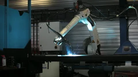Robotic welding in metal or steel plant Stock Footage