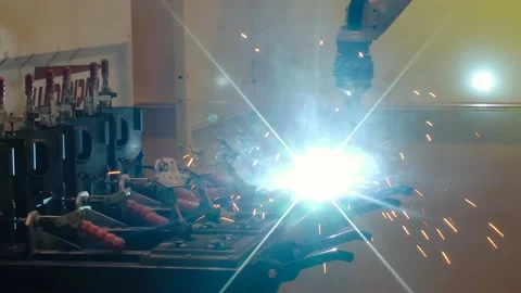 Robotic welding performs software work in the enterprise. Stock Footage 132600176