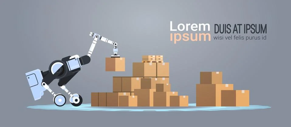 Robotic worker loading cardboard boxes hi-tech smart factory warehouse logistics Stock Illustration